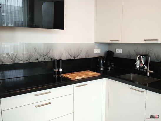 Premium-glas uitvoering Visuall P393 Dandelion zwart-wit keukenwand
