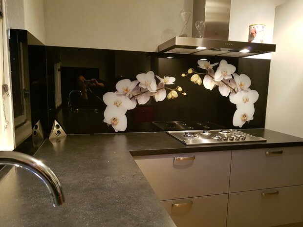 Premium-glas uitvoering Visuall P085 Witte orchidee op zwart