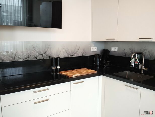 Premium-glas uitvoering Visuall P393 Dandelion zwart-wit keukenwand
